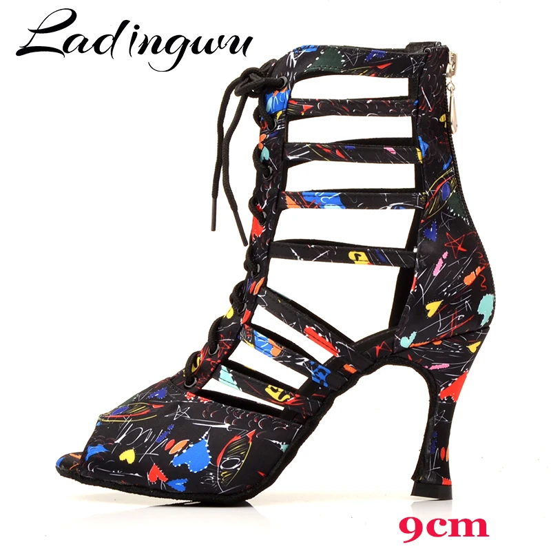 Ladingwu New Latin Dance Shoes Performance Dance Boots Women Ballroom Patry Sanba Dance Shoes Salsa Women Custom Printed Satin