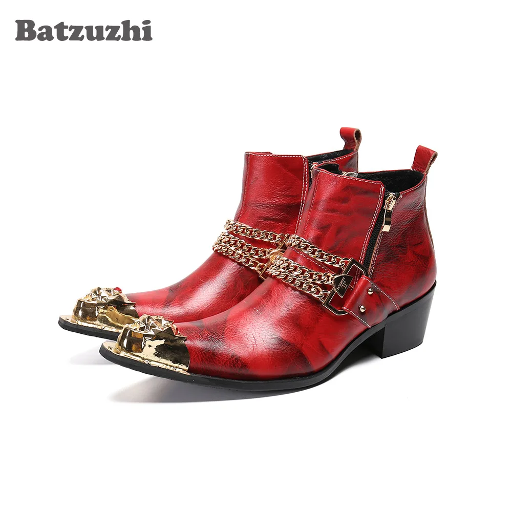 

Batzuzhi Western Cowboy Men's Boots Red Leather Ankle Boots Pointed Toe 6.5cm Red Party and Wedding Dress Boots Botas Hombre