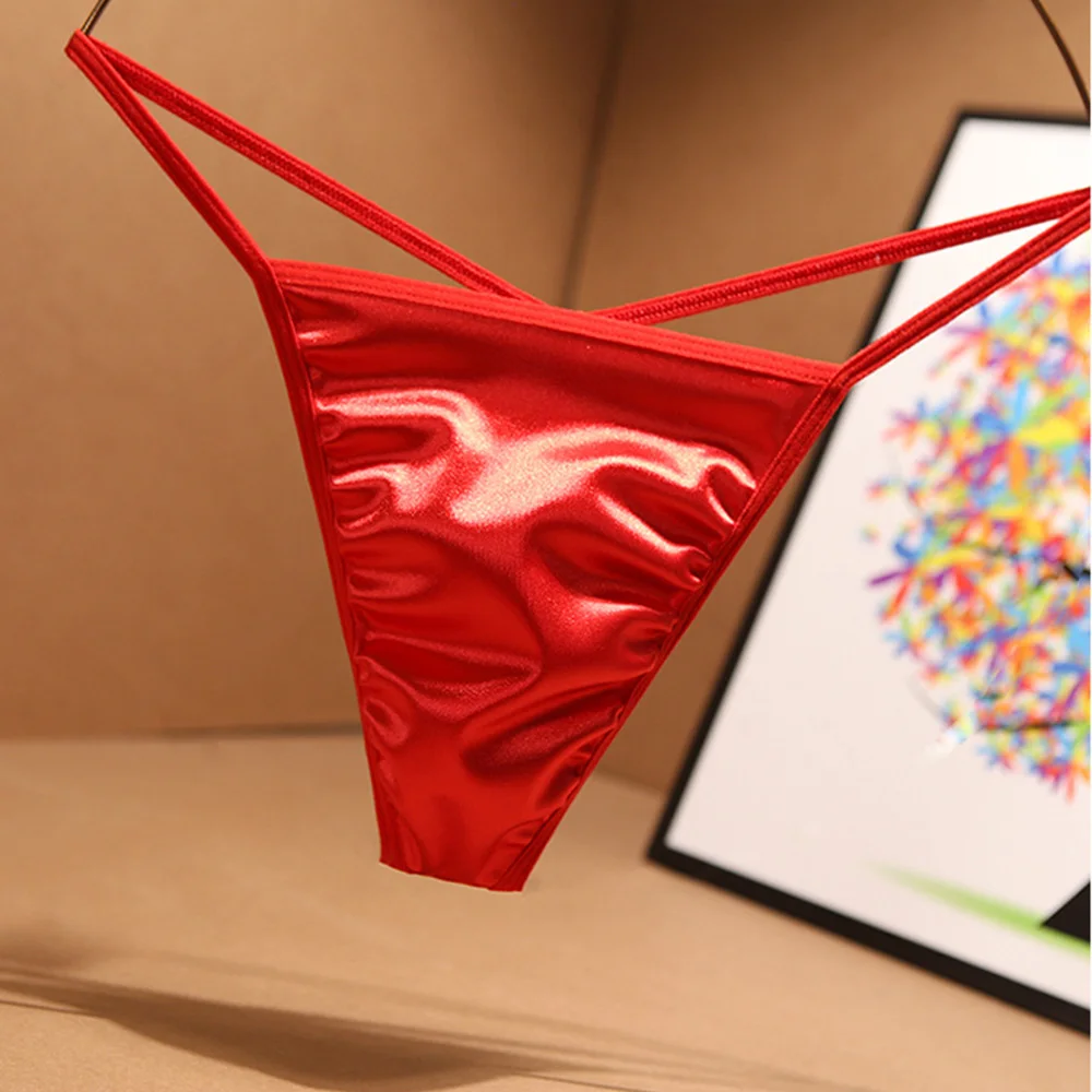 PU Leather Fashion Men Erotic Thongs Shinny Satin Large Size Low Waist G Strings Mini T-back Seamless Underpants Panties