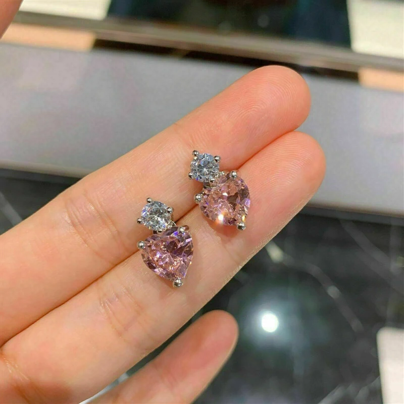 

Huitan Fresh Style Pink Heart CZ Stud Earrings Party Daily Wear Fancy Accessories for Women Love Earrings Statement Jewelry 2021