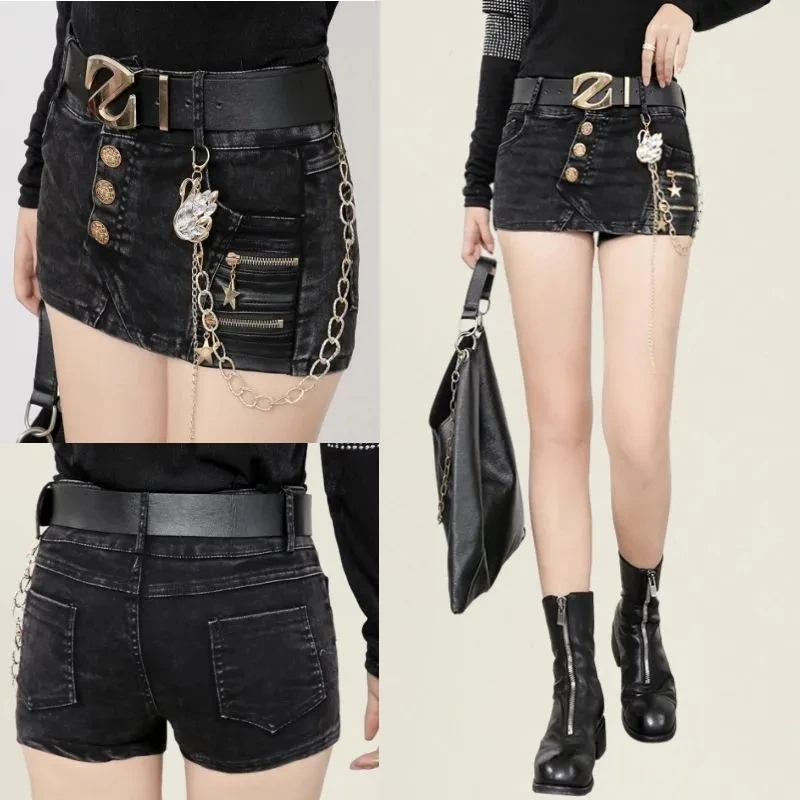 Frauen Mode Jeans Mini Shorts 2021 Sommer Neue Trend Schlank Punk Stil Elastische Sexy Weibliche Denim Tasche Hüfte Rock Zubehör gürtel