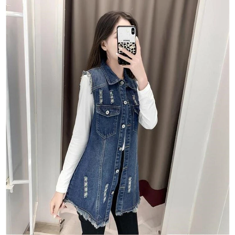 6XL Denim Vests Spring Autumn Women Casual Pocket Hole Jeans Vests Jacket Coat Ladies Sleeveless Waistcoat W2094