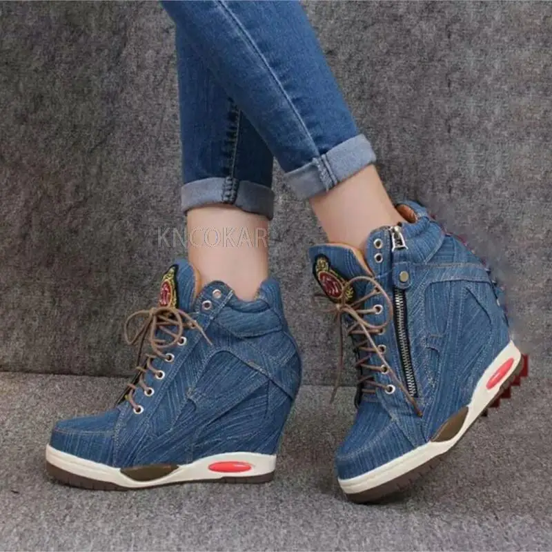 KNCOKA  Summer new style women comfortable wedge heel fashion simple denim canvas fish mouth open toe single shoe