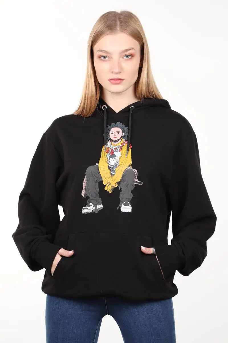 Black Printed Hooded Oversize Women Sweatshirts