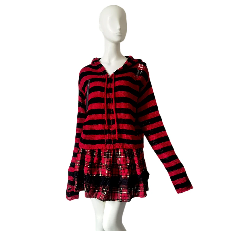 Y2k Girl Zipper Hollow Out Sweaters Gothic Lady Striped Cardigan Short Hooded Sweater Autumn Long Sleeve Black Red Knitted Top