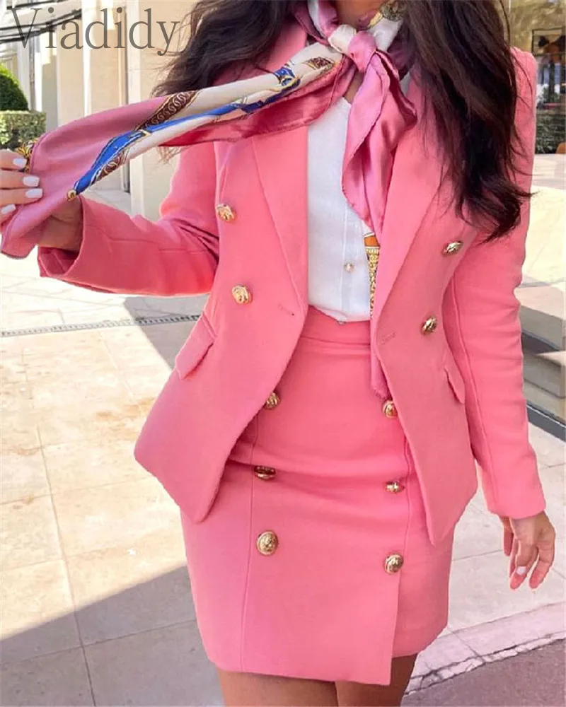 Women Solid Color Suits Buttoned Detail Long Sleeve Blazer Coat And High Waist Mini Skirt Set