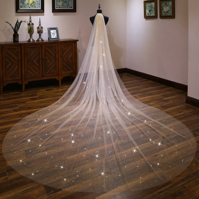 

New Arrival Sequine Lace Champagne Wedding Veils 3 Meter Long Bridal Veil Welon slubny bruiloft Bride veu de noiva longo