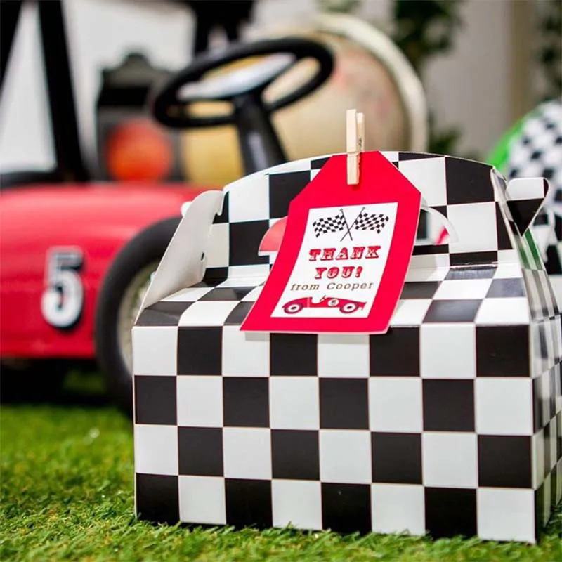 4pcs Black White Checker Racing Flag Treat Gift Paper Cardboard Boxes with Handles Candy Goodie Bags Racing Birthday Party Favor