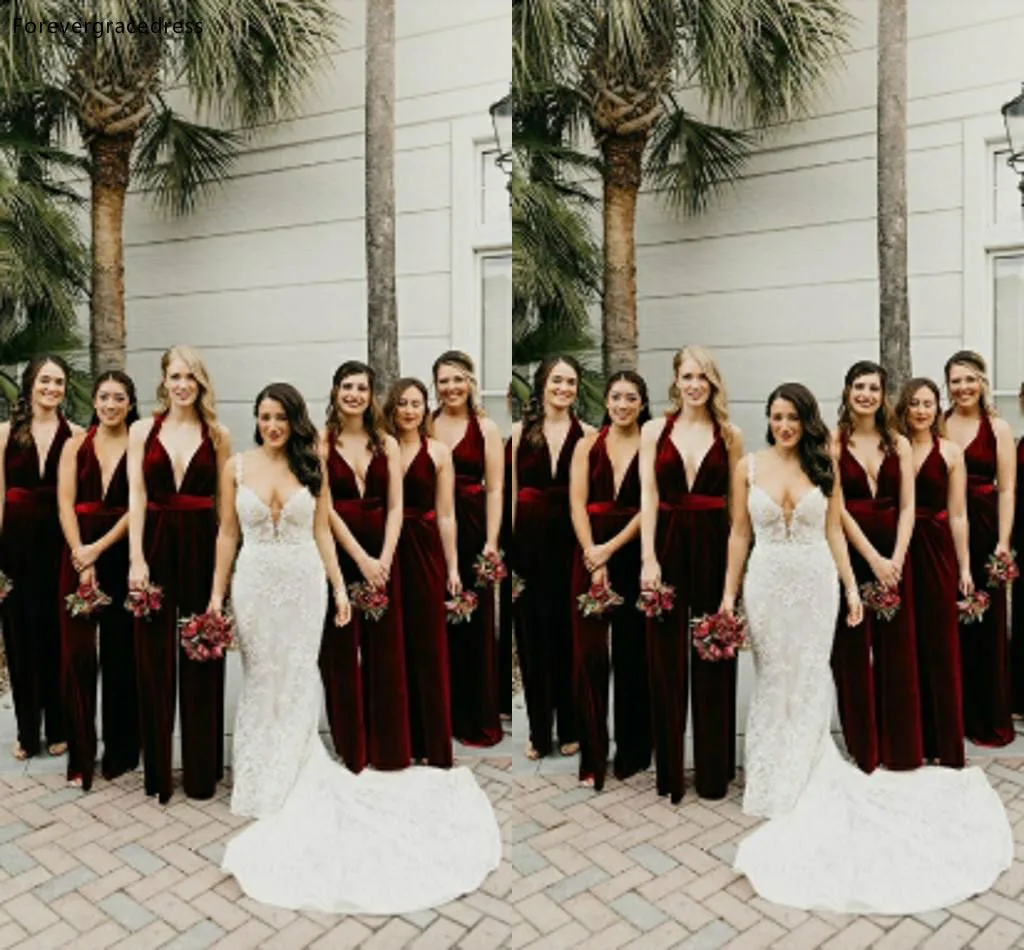 

Burgundy Colour Velvet Bridesmaid Dresses V Neck Girls Wedding Guest Maid of Honor Gowns Tailor Made Plus Size Available