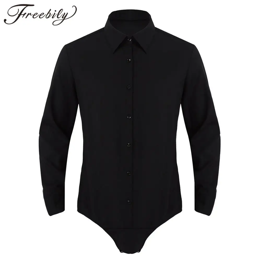 

Mens One-piece Long Sleeves Turn-down Collar Button Down Solid Color Homme Casual Bodysuit Shirt Tops Sexy Male Gay One Piece