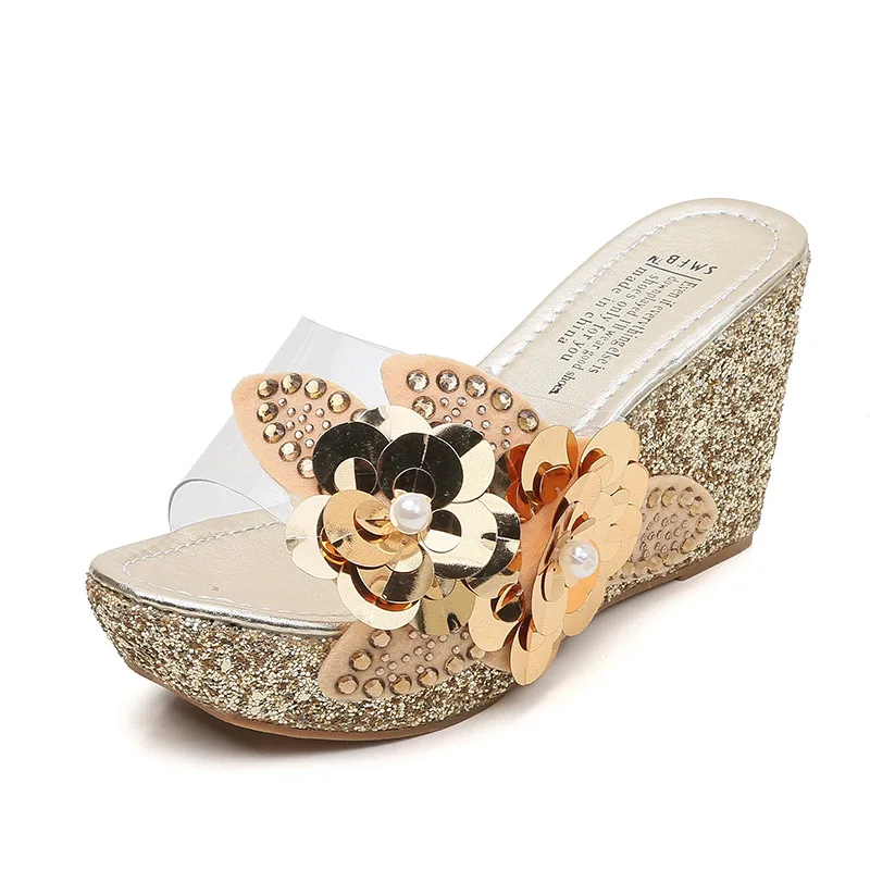 platform slippers wedge slides slippers women summer shoes beach sandals slippers ladies shoes with heels pearl flower 2020