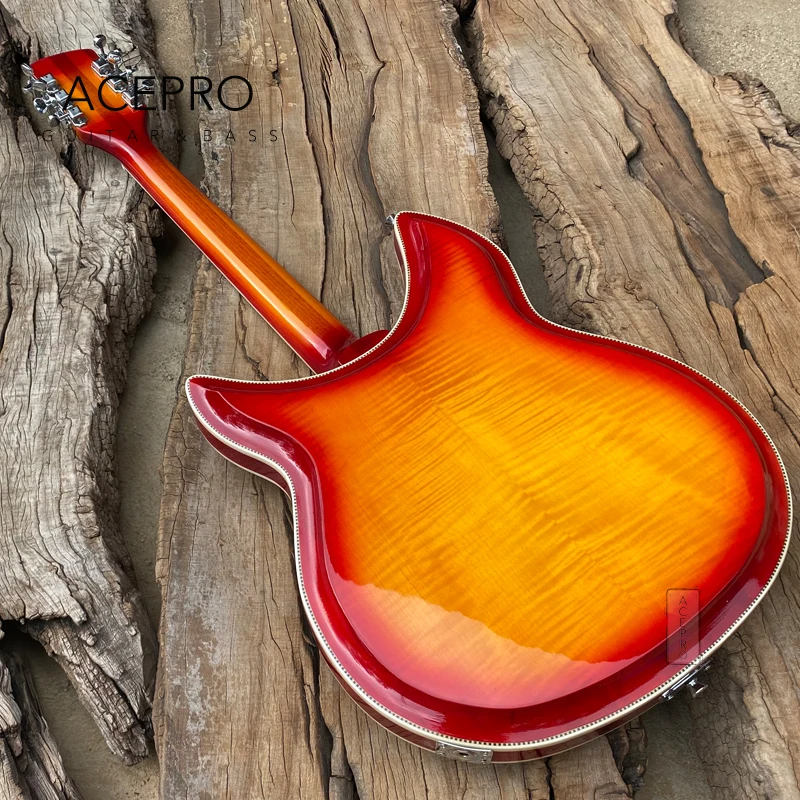 In Stock 381 Electric Guitar 12 String Cherry Sunburst Body Top & Back with Flame Maple, R shape Tailpiece Guitarra