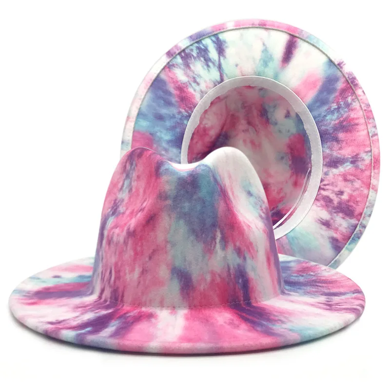 

Wide-brim double-sided tie-dye women woolen hat early spring color hat ladies big-brimmed jazz felt hat ink painting Panama hat