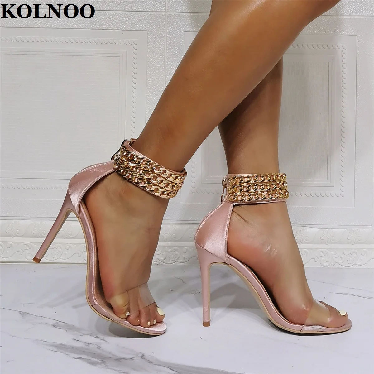 Kolnoo Handmade Women Stiletto High Heels Sandals Ankle Chains Deco Sexy Open-Toe Party Prom Real Photos Evening Fashion Shoes