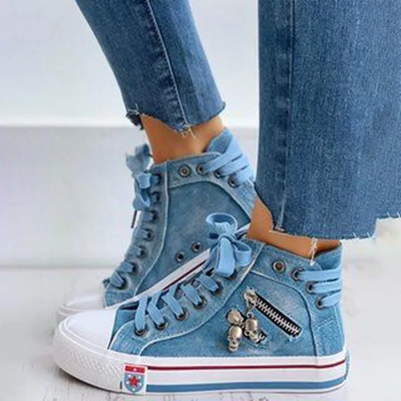 Vulcanize Shoes Women Canvas Chic High Top Denim Leisure Footwear Womens All-match Flat Zipper Walkin Korean Ladies Breathable