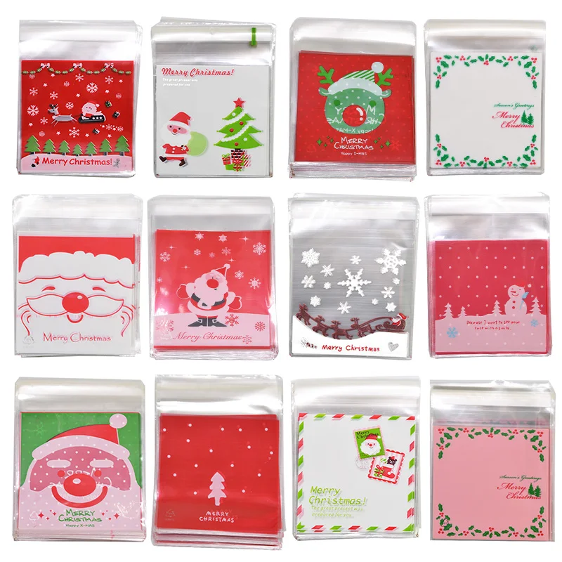 50pcs 10*10cm Christmas Cartoon Candy Bags Self-adhesive Plastic Cookie Bag Xmas New Year Snack Package Gift Bags Kids Favors