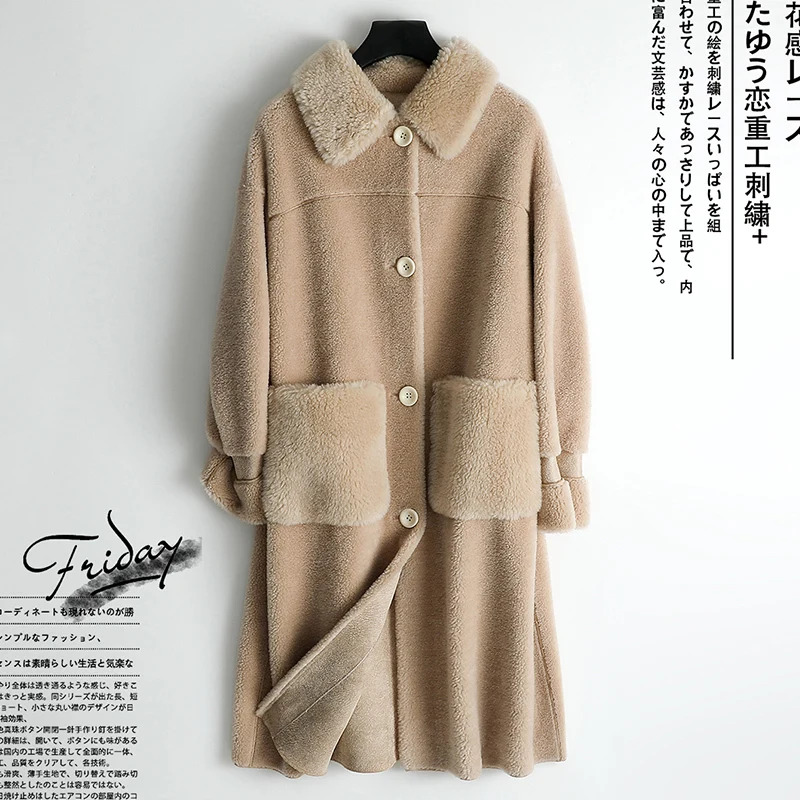 Real Fur Coat Female Vintage Long 100% Sheep Shearing Jacket Women Clothes 2019 Korean Elegant Woo Coats Tops Hiver 085