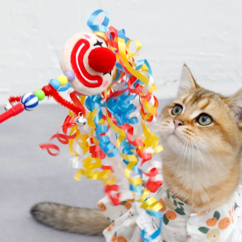 New foreign trade clown funny cat stick plush ball extended bell fairy funny cat stick toy cat toy