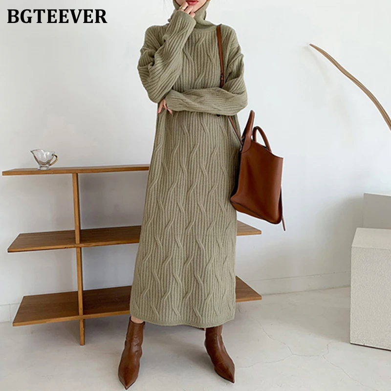 BGTEEVER elegante dolcevita spesso maglione lavorato a maglia attorcigliato lungo abito da donna maglione dritto allentato caldo invernale Vestidos