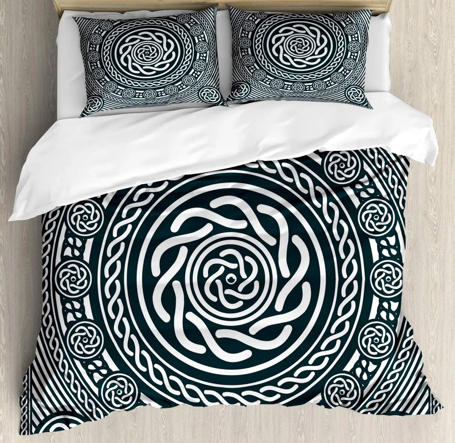 

Celtic Duvet Cover Set Illustration of Abstract Monochrome Mandala Background 3 Piece Bedding Set Dark Blue Grey and White