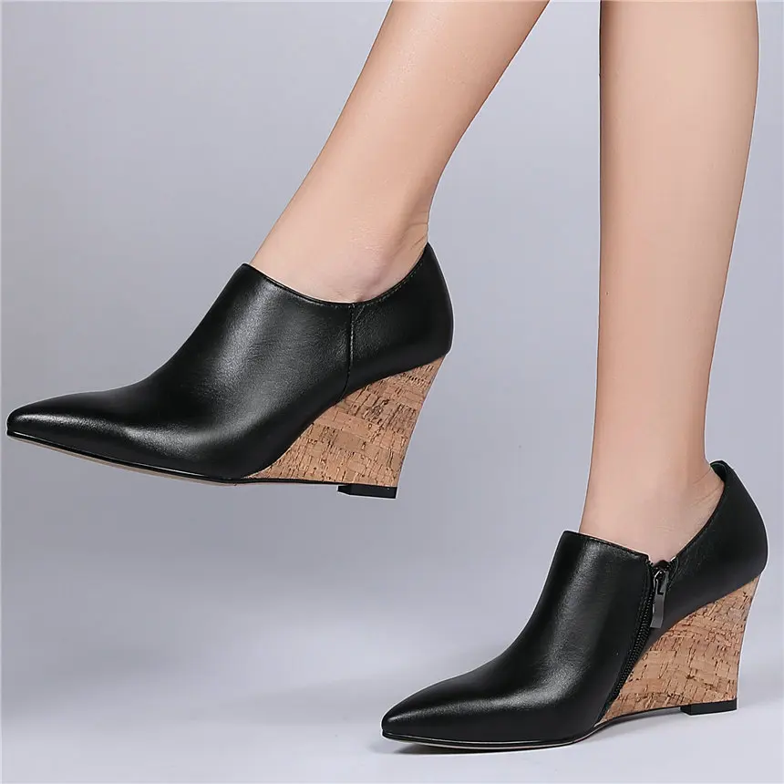 

Mary Jane Shoes Women Genuine Leather Wedges High Heel Pumps Shoes Female Low Top Pointed Toe Ankle Boots Ladies Casual Shoes