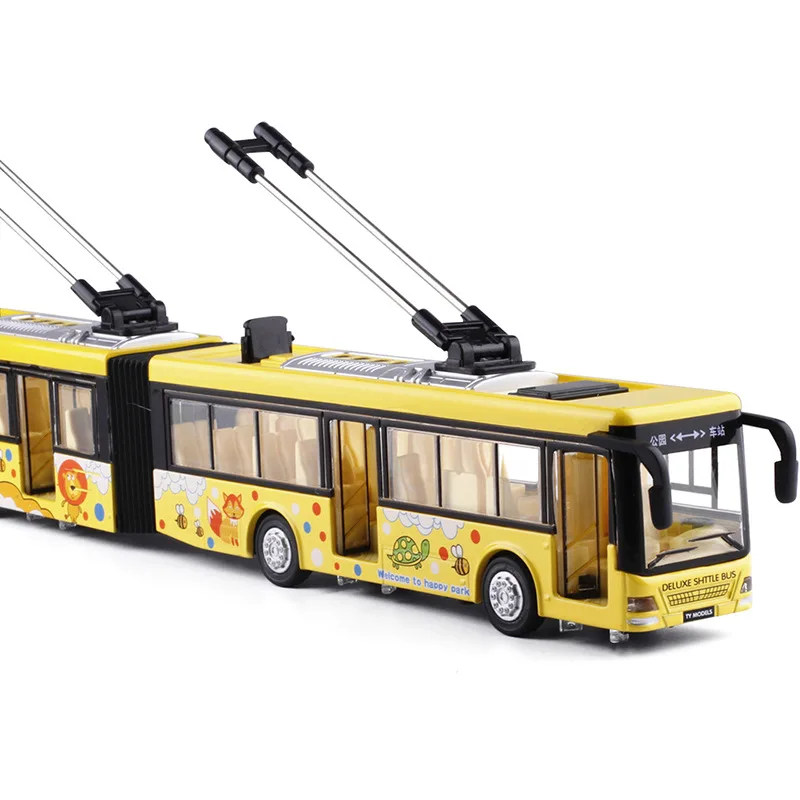 Double tram bus model,1:50 alloy pull back Double section bus,High-quality sound and light music children\'s toys