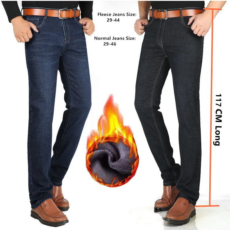 

Tall Men Jeans 117CM Extra Long Straight Slim Fit Black Blue Trousers High Waist Fleece Winter Denim Plus Size 40 42 44 46 Pants