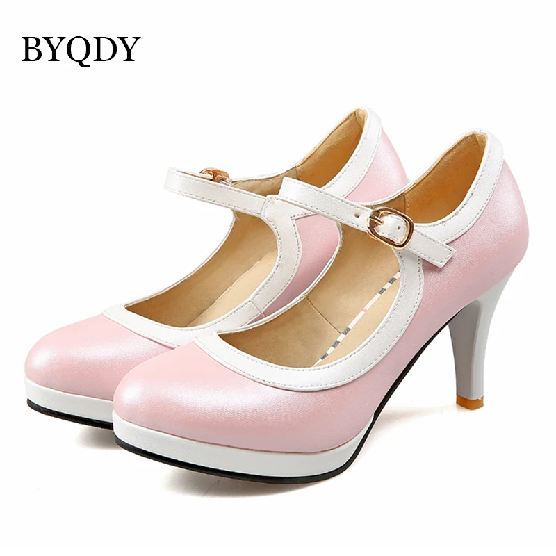 BYQDY Spring Autumn Lolita Wedding Shoes For Woman High Heels Mary Janes Shoes Sweet Heels Buckle Strap Dress USA Shoe Plus Size