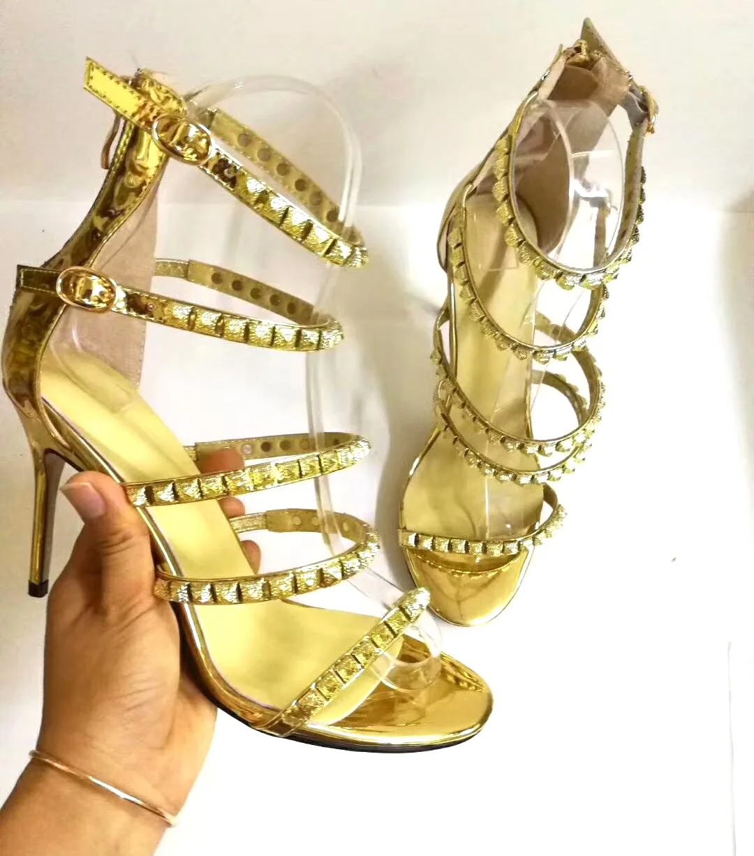 

Gold/silver Metallic Rivets Straps Cut out Sandals Women Gladiator Party Stilettos Woman Patent Leather Rivets Studs High Heels