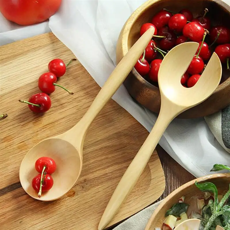 Salad Spoon Fork Serving Utensils Spoons Wooden Tongs Wood Dinner Mixing Set Servers Bamboo Hands Cooking Appetizer Dessert