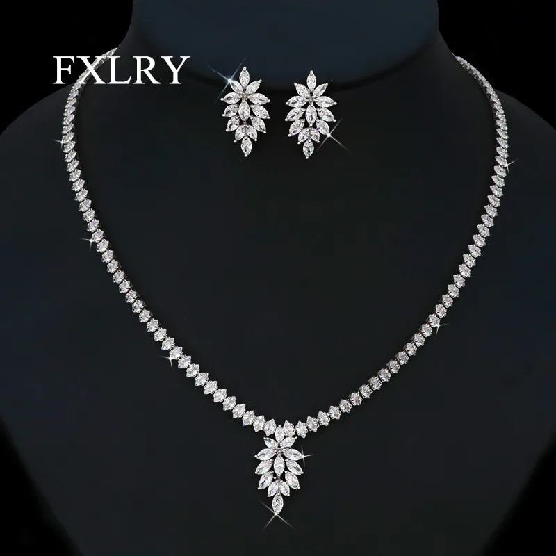 

FXLRY High Quality Cubic Zirconia White Gold Color Necklace Earrings Jewelry Sets for Brides Party Dress Accessories