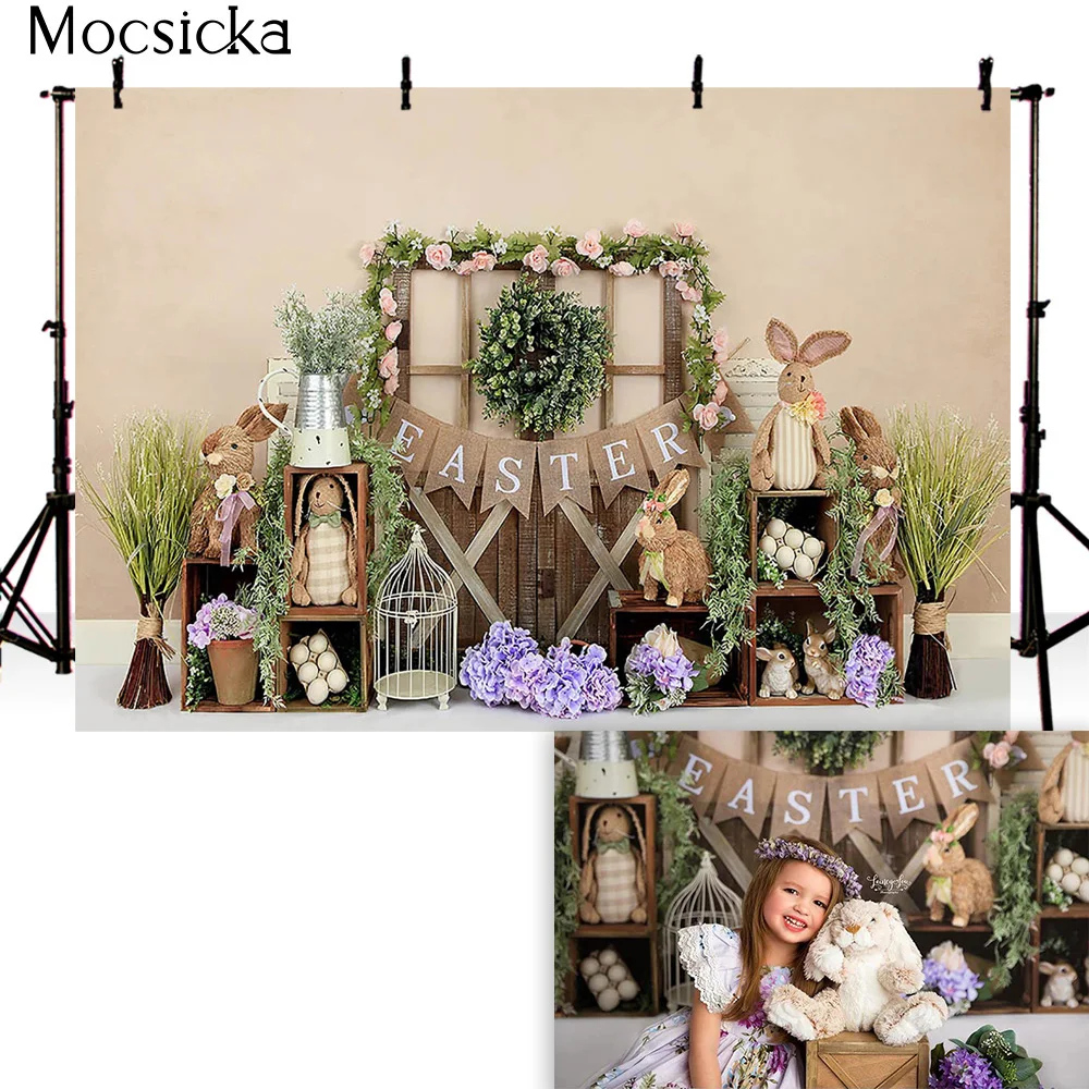 Newborn Kids Spring Easter Bunny Photography Backdrop Carrot Bunny Girls Birthday Cake Smash Portrait Photo Booth Background