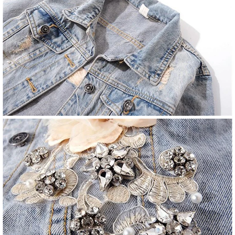 Spring Autumn Women Denim Vest Jacket New Diamond Flower Long Sleeve Jeans Jackets Girl Short Outwear Vintage Cowboy Tops Female