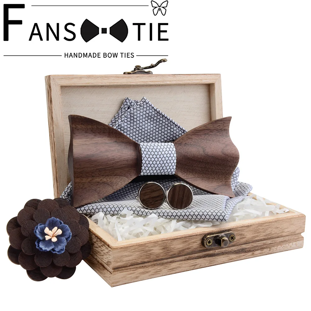 Plaid Adjustable 3D Wooden Bow Tie Silk Handkerchief Cufflinks Brooch Set For Men 2020 Pocket Square Wedding Bowtie And Wood Box