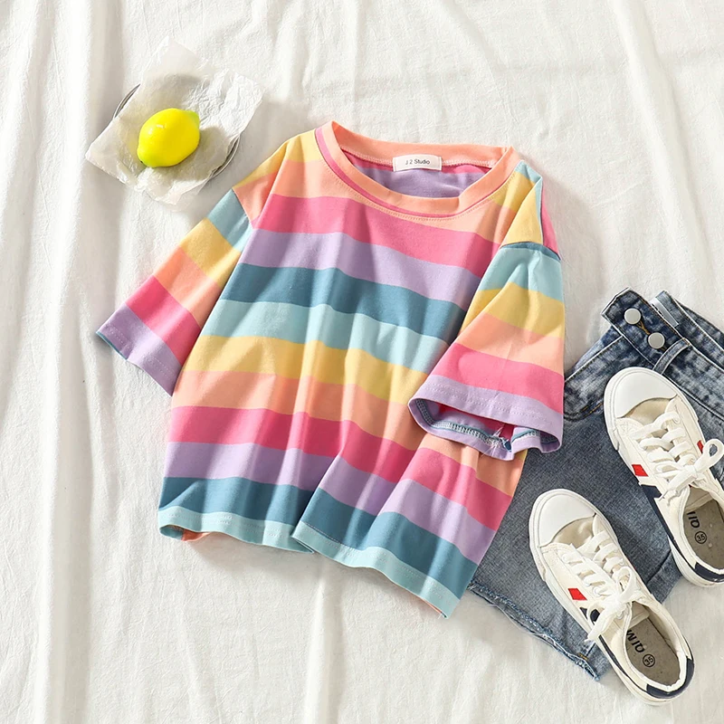 OUMEA Women Rainbow Striped Tees Short Sleeve Summer Casual Loose Beach Colorful Stripe Tshirt Korean Sweet Cropped Cotton Tees