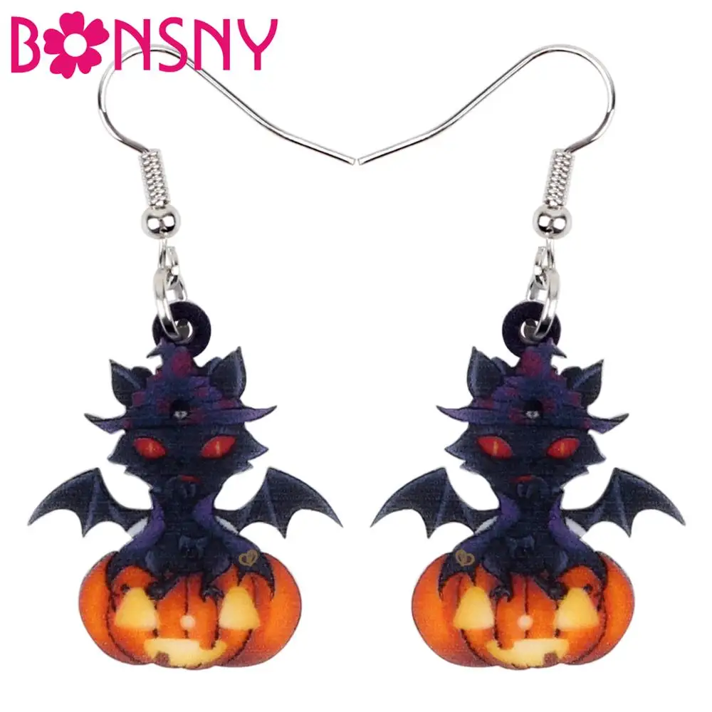 Bonsny Acrylic Halloween Anime Devil Bat Demon Pumpkin Earrings Drop Dangle Cartoon Jewelry Lady Girl Teen Gift Party Accessory