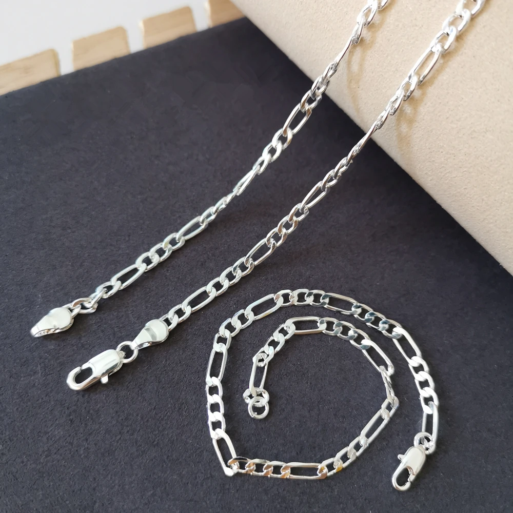 Silver Plated Jewelry Sets for Women 4mm Figaro Chain Bracelet Necklaces 2 pcs Set Trendy Accessories Wholesale