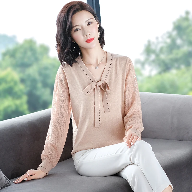 Women Sweater Blouse Elegant Butterfly Collar Knit Tops Ladies Hollow Out Sleeve Kniting Clothes Pullovers