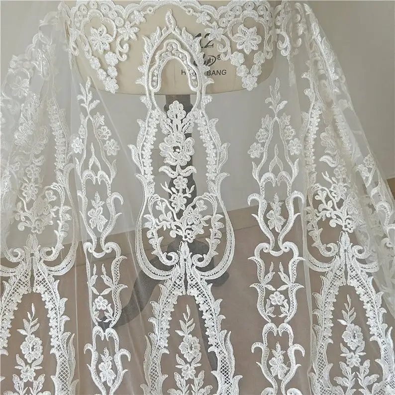 Gorgeous Embroidered Lace Off White Sequined Bridal Lace Fabric for Wedding, Gowns, Table Cloth, Curtain