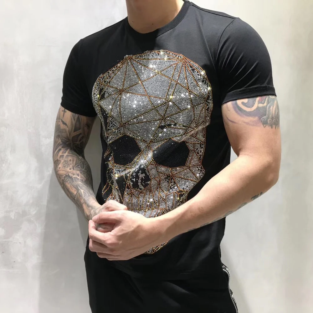 

PPFRIEND Tide brand Summer Fashion T shirts New Men's Diamond Individual Letter Skull Slim Short Sleeve T-shirt PP6236