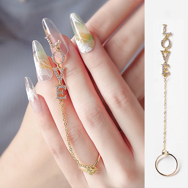 5pcs Nail Art Jewelry Zircon Real Gold Plating LOVE Chain Nail Decoration Accessories Nail Art Diamond