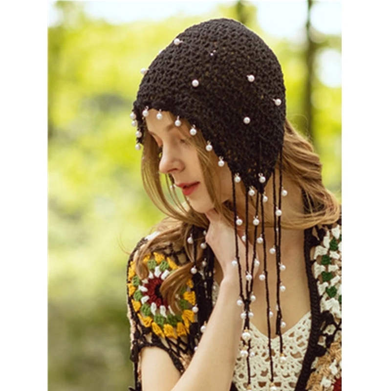 Women knitted hat spring  summer handmade hollow beanie cap ethnic style retro hat tassel princess cap