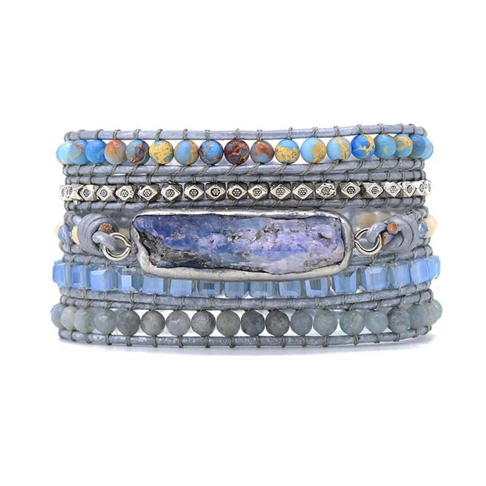 Plumiss Rectangle Kyanite Wrap Bracelet for Women Boho 5 Layers Natural Stone Crystal Beads Bracelets Handmade Fashion Jewelry