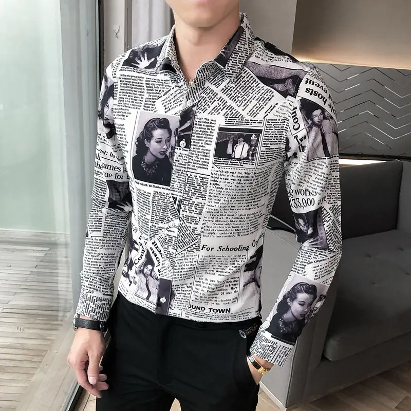 Men's Camisa Masculina Long Sleeve Newspaper Printed Shirt Autumn Flower Shirt Men Formal Shirts For Men Ropa De Hombre 2020