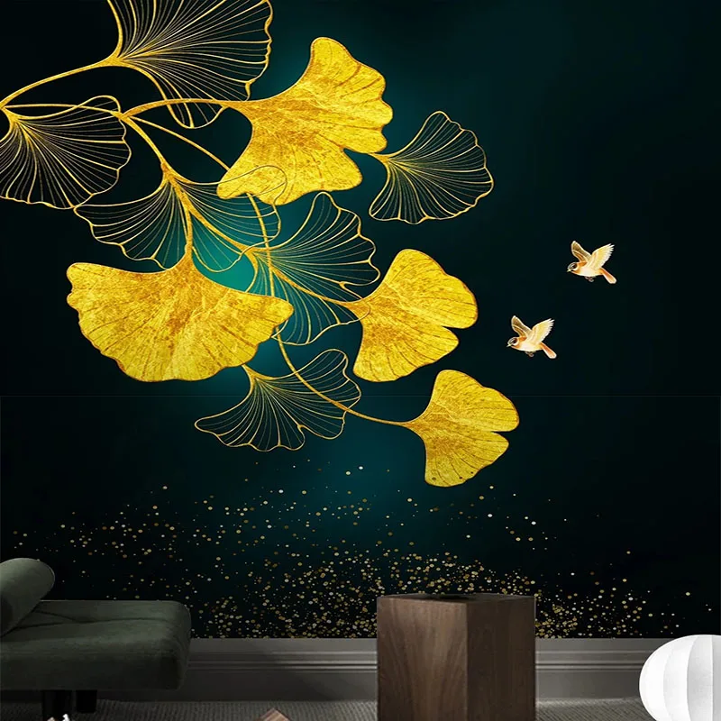 

Custom 3D Photo Wallpaper Any Size Golden Embossed Lines Ginkgo Leaf Bird Nordic Background Wall Paper Sticker