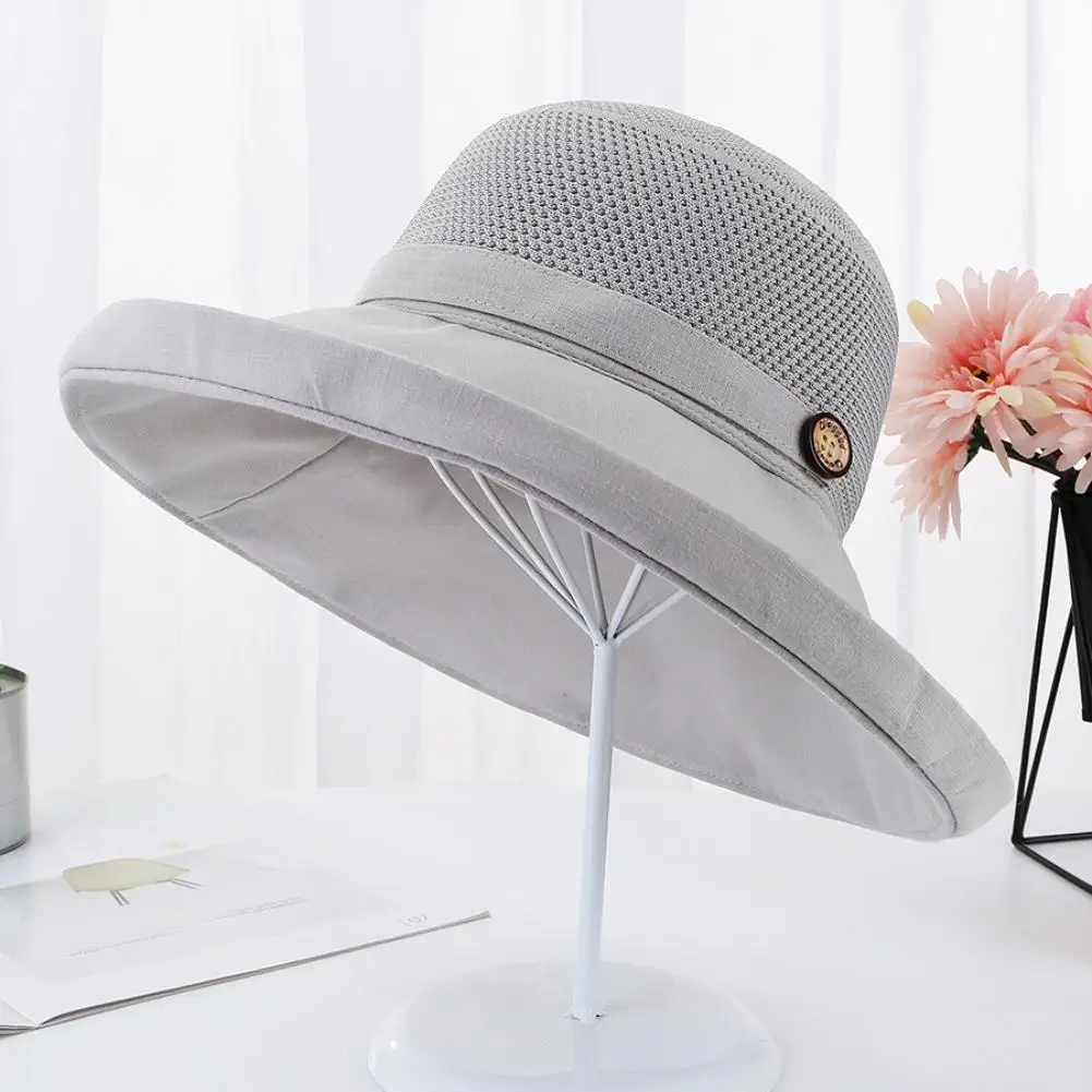 Caps Women Floral Interior Button Decor Wide Brim Sun Hat Outdoor Sports Bucket Cap