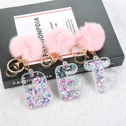 1PC Women Keychain English Letter Glitter with Puffer Ball