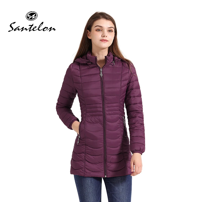 SANTELON Winter Ultralight Warm Long Parka Coat With Hood Women Outdoor Padded Cotton Clothing Outwear Portable Store In Bag