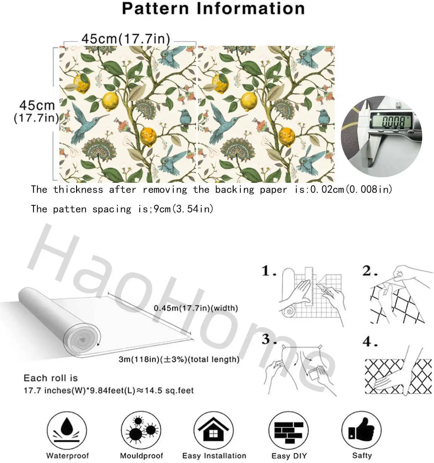 Blue Bird Self Adhesive Wallpaper Fresh Lemon Tree Peel and Stick Wallpaper Removable Waterproof Prepasted Wallpaper Wall Mural