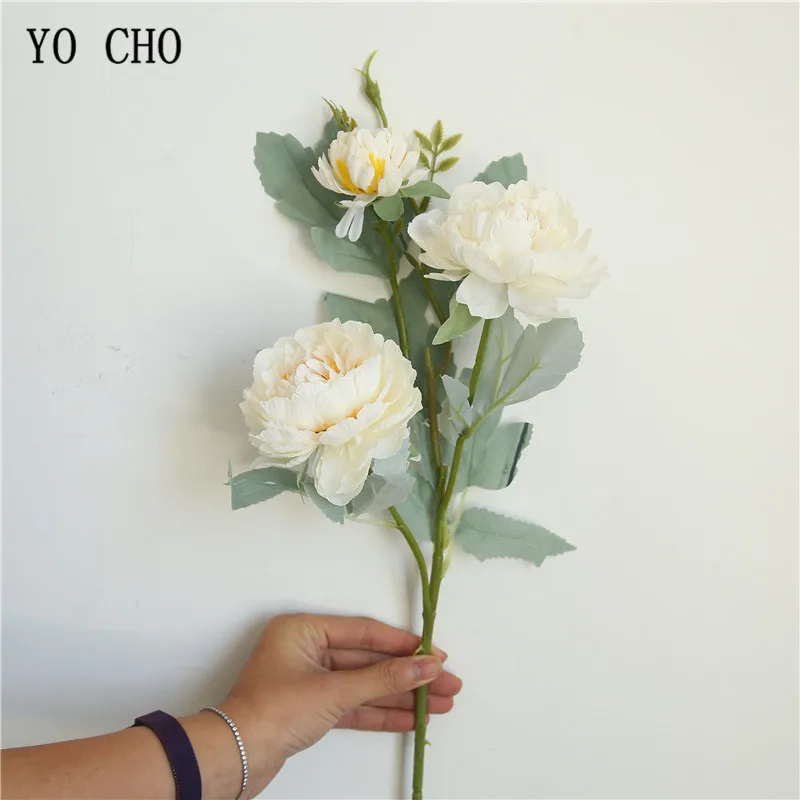 YO CHO-flores artificiales de seda para decoración del hogar, ramo grande de flores falsas, bricolaje, para boda, 3 cabezas